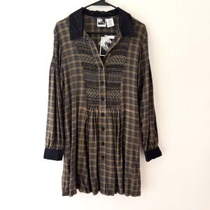 Vintage Phool Plaid Smocked Mini Dress Womens Medium Academia Grunge Boho NWT